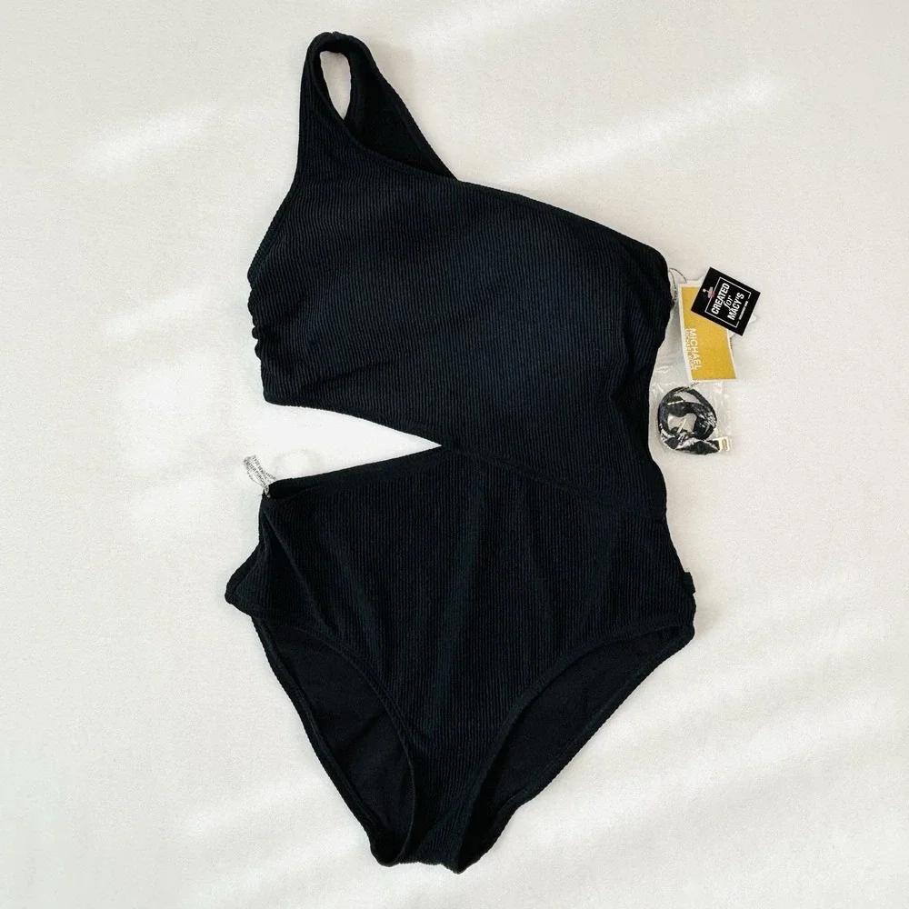 Michael Kors Black One-Shoulder Side-Cutout One-Piece Swimsuit Ribbed Texture 14
